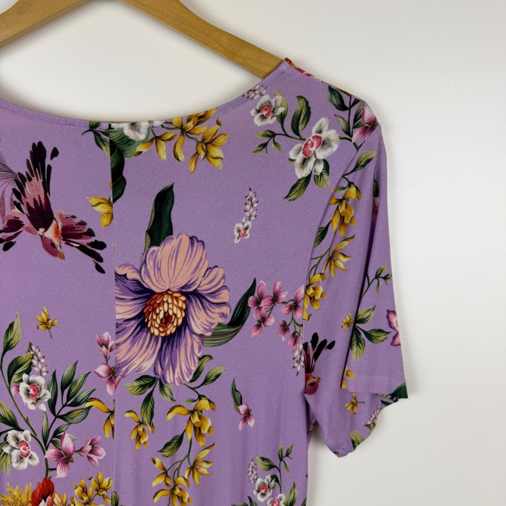 Johnny Was Janie Favorite Side Tie Knit Dress Medium Purple Floral Bird Stretch - Picture 4 of 13